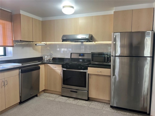 kitchen with wall chimney exhaust hood, stainless steel appliances, decorative backsplash, and light brown cabinets