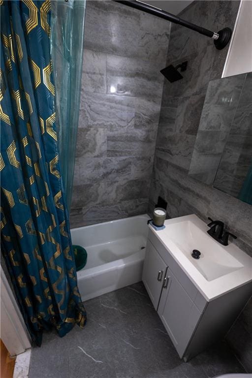 full bath featuring shower / bathtub combination with curtain and vanity