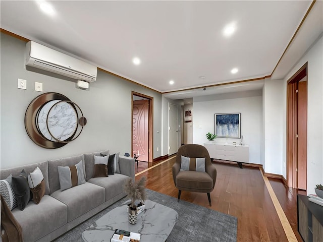 living room featuring a wall mounted air conditioner and dark hardwood / wood-style floors