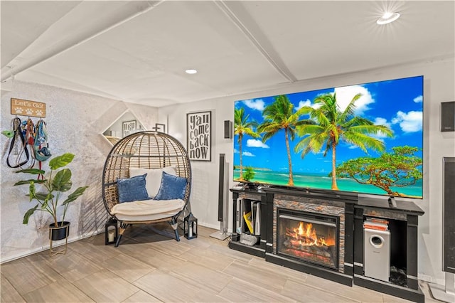 living area with a stone fireplace