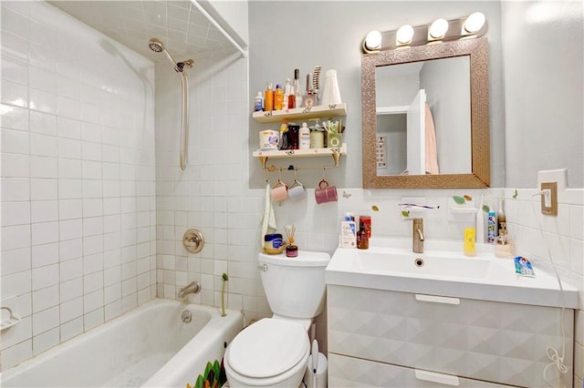 bathroom with decorative backsplash, toilet, tiled shower / bath, and tile walls