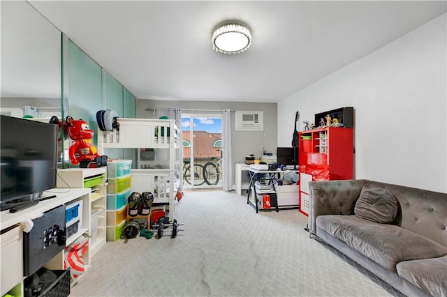 recreation room with a wall mounted air conditioner and light carpet