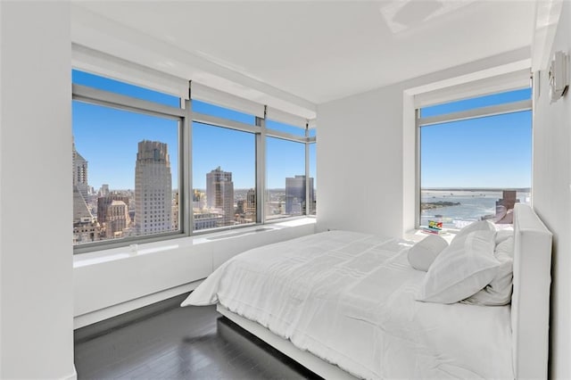 bedroom featuring hardwood / wood-style flooring, multiple windows, and a water view