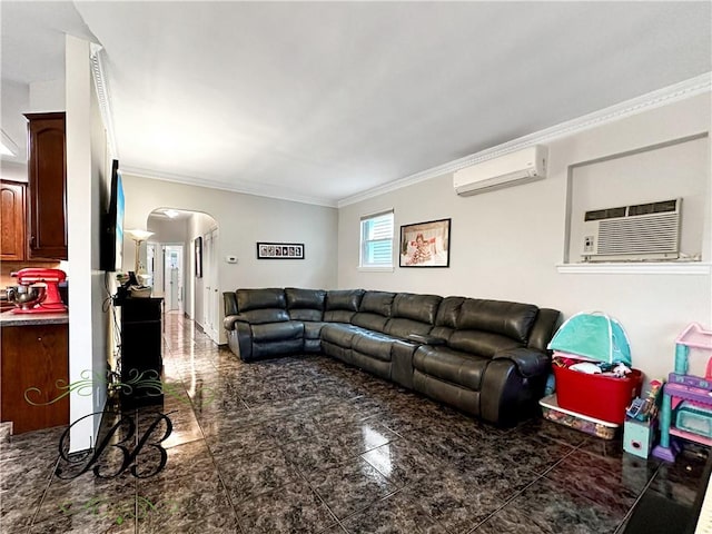 living room featuring crown molding and a wall mounted air conditioner