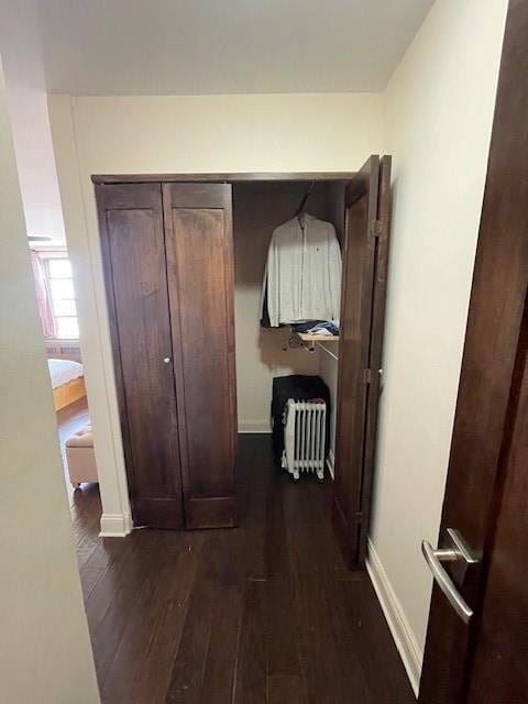 hallway featuring radiator heating unit and dark wood-type flooring