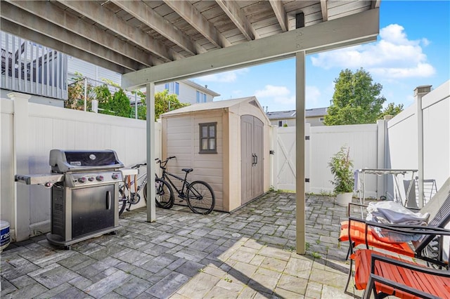 view of patio / terrace featuring a storage shed and grilling area