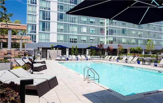 view of swimming pool featuring a patio