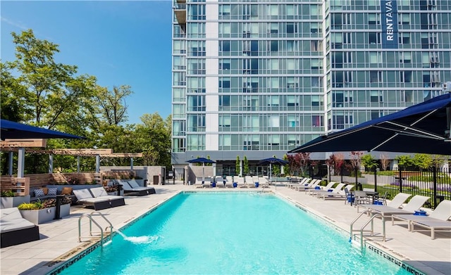 view of swimming pool featuring outdoor lounge area and a patio area