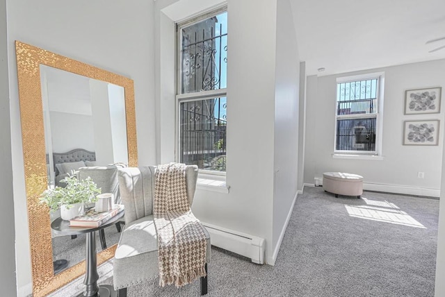 living area with carpet flooring, baseboards, and baseboard heating