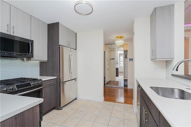 kitchen featuring backsplash, appliances with stainless steel finishes, light countertops, and a sink