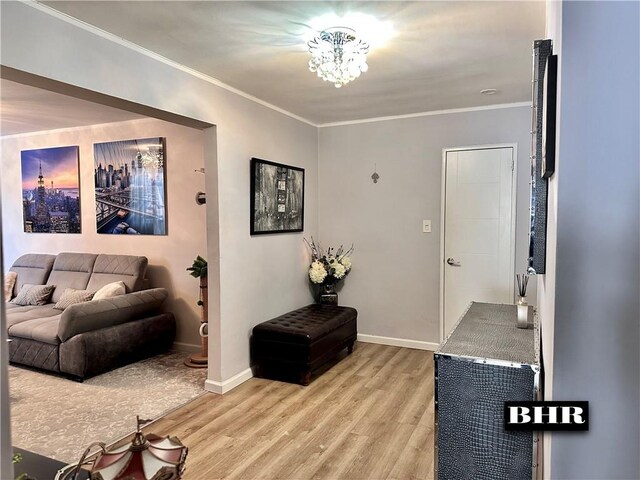 living room featuring an inviting chandelier, light hardwood / wood-style flooring, and ornamental molding