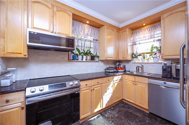 kitchen with appliances with stainless steel finishes, light brown cabinetry, and sink