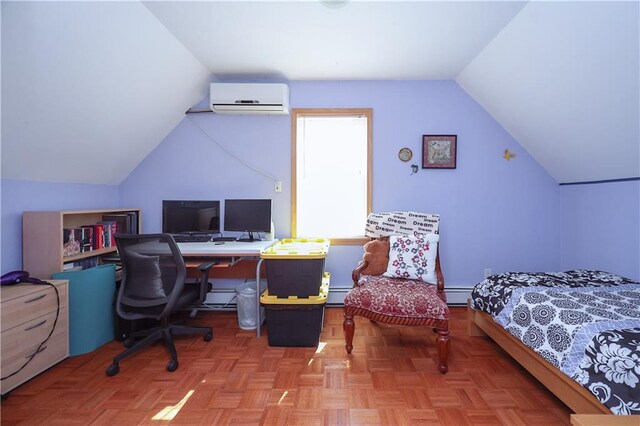 bedroom with lofted ceiling, a baseboard heating unit, parquet flooring, and a wall unit AC