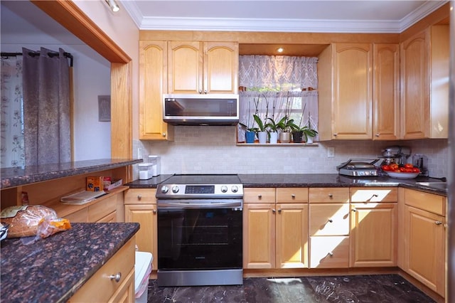 kitchen featuring tasteful backsplash, ornamental molding, appliances with stainless steel finishes, and light brown cabinets