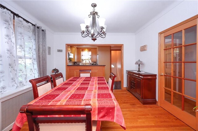 dining room featuring a notable chandelier, radiator heating unit, a healthy amount of sunlight, and light wood-type flooring