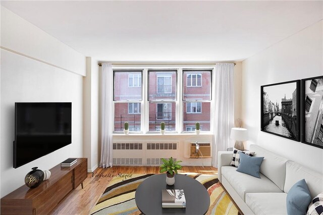 living room with radiator and light hardwood / wood-style flooring