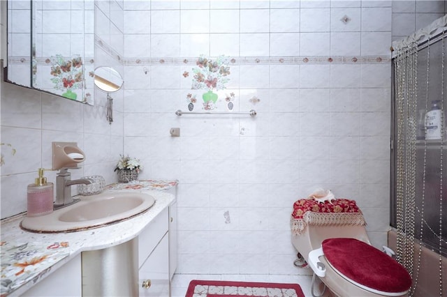 full bathroom with toilet, vanity, independent shower and bath, and tile walls