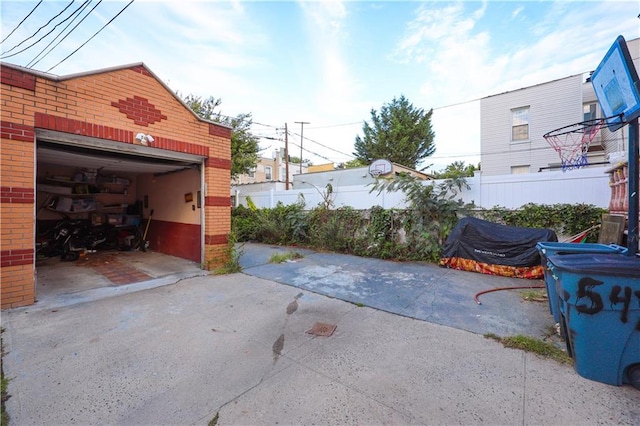 view of patio with a garage