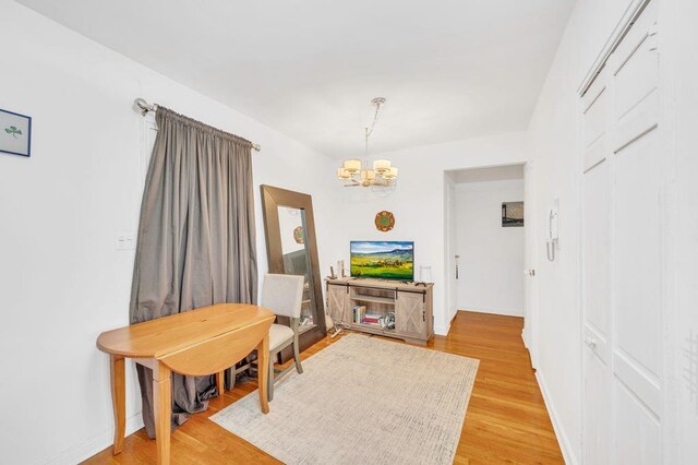 dining room with light hardwood / wood-style flooring and a notable chandelier