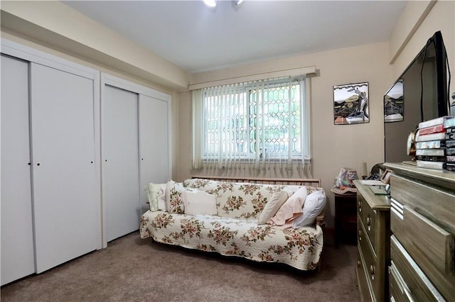 living area featuring dark carpet