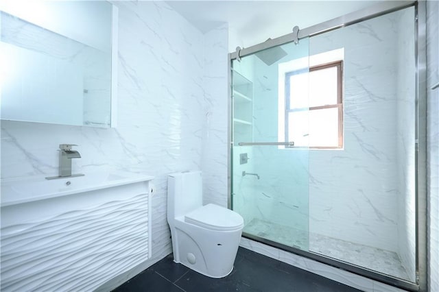 full bathroom featuring a marble finish shower, vanity, toilet, and tile walls