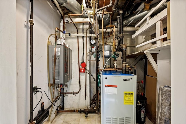 utility room with tankless water heater