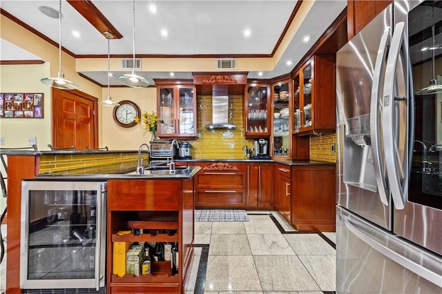 bar with wine cooler, tasteful backsplash, hanging light fixtures, wall chimney exhaust hood, and stainless steel refrigerator with ice dispenser