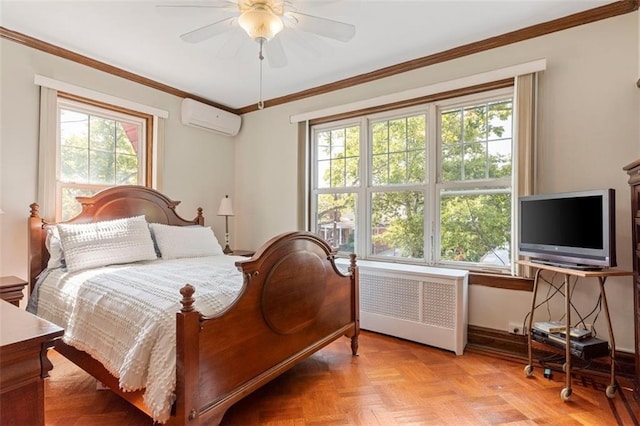 bedroom with a wall unit AC, crown molding, radiator, ceiling fan, and baseboards