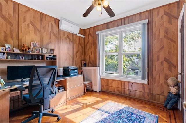 office space with wood walls, a ceiling fan, and a wall mounted air conditioner