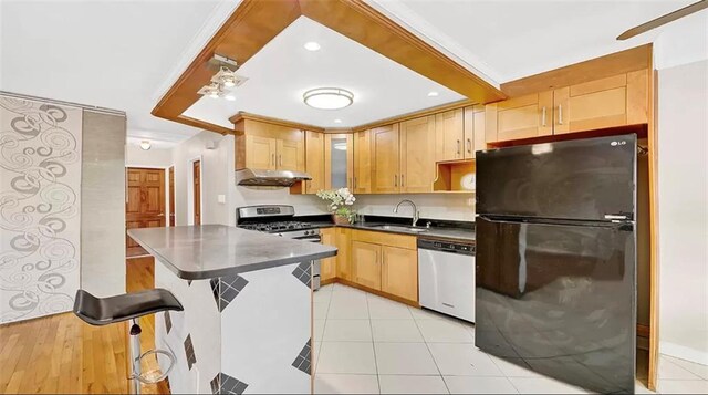 kitchen featuring light brown cabinets, crown molding, sink, kitchen peninsula, and stainless steel appliances