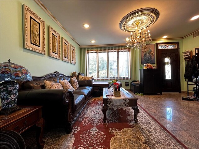 living room with crown molding and a chandelier