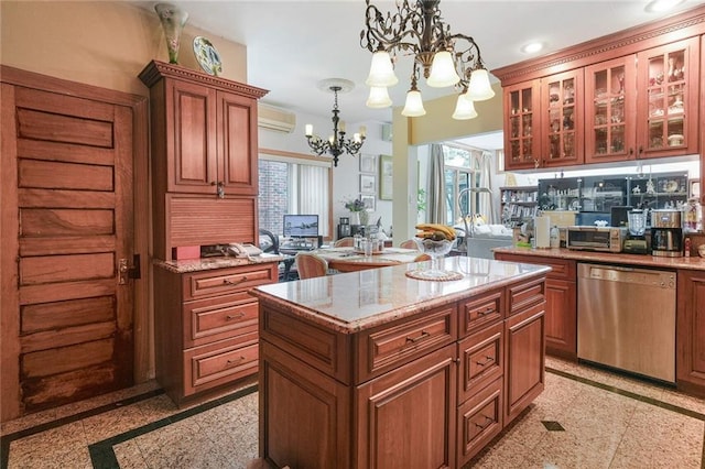 kitchen with a wall unit AC, pendant lighting, an inviting chandelier, dishwasher, and a kitchen island