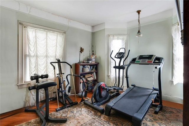 exercise room featuring plenty of natural light and hardwood / wood-style floors