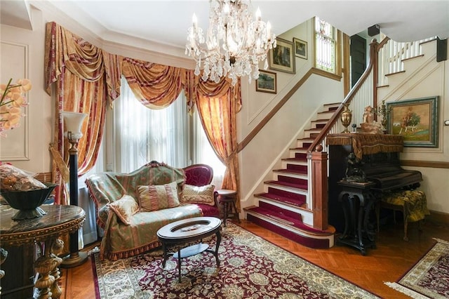 living area featuring parquet floors and a notable chandelier