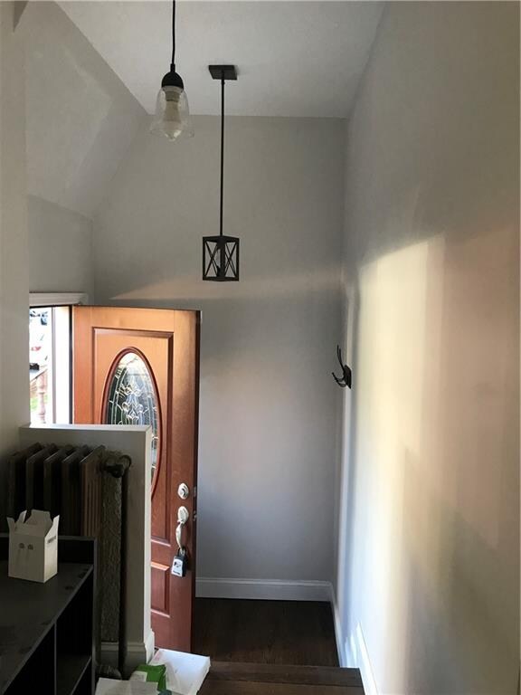 entryway featuring dark hardwood / wood-style floors and lofted ceiling