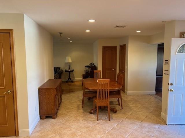 dining room with recessed lighting, visible vents, baseboards, and light tile patterned floors