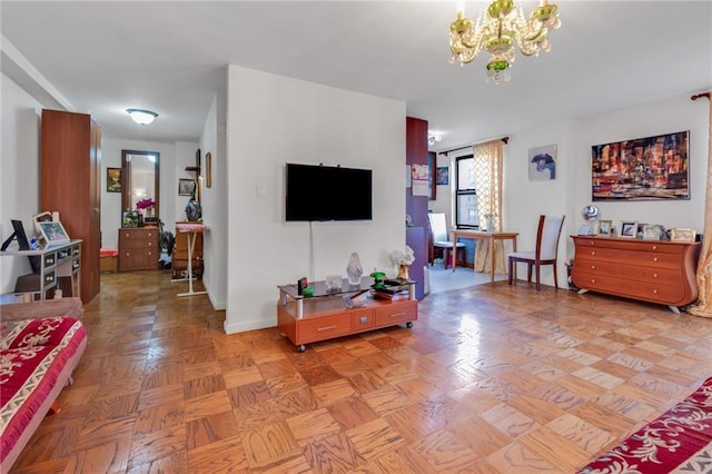 living room featuring a chandelier