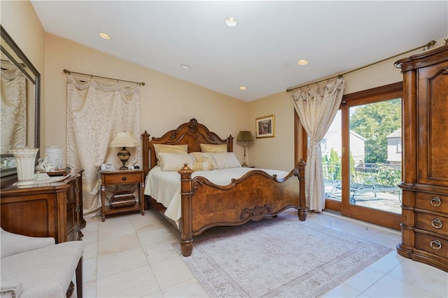 bedroom featuring vaulted ceiling and access to outside