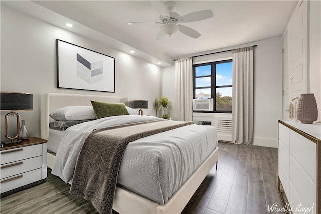 bedroom featuring recessed lighting, a ceiling fan, baseboards, and wood finished floors