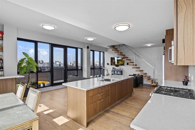 kitchen with light wood-type flooring, light countertops, a sink, and a center island with sink