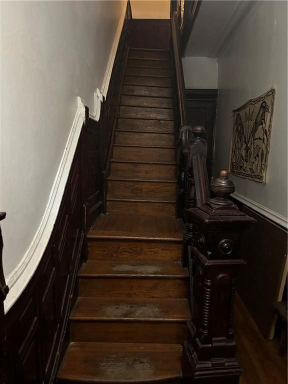 staircase with wood-type flooring