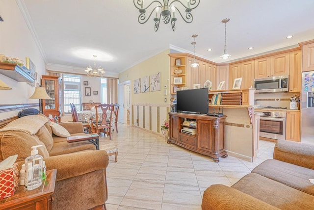 living room with ornamental molding and an inviting chandelier