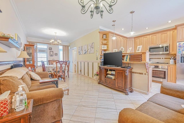 522 Bay Ridge Ave, Brooklyn, NY 11220 - living room with a chandelier, ornamental molding, recessed lighting, and light marble finish flooring