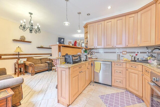 kitchen with stainless steel appliances, decorative light fixtures, ornamental molding, and kitchen peninsula