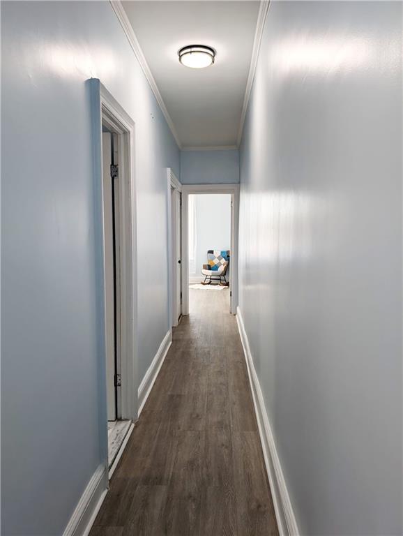 hallway with ornamental molding and dark hardwood / wood-style floors