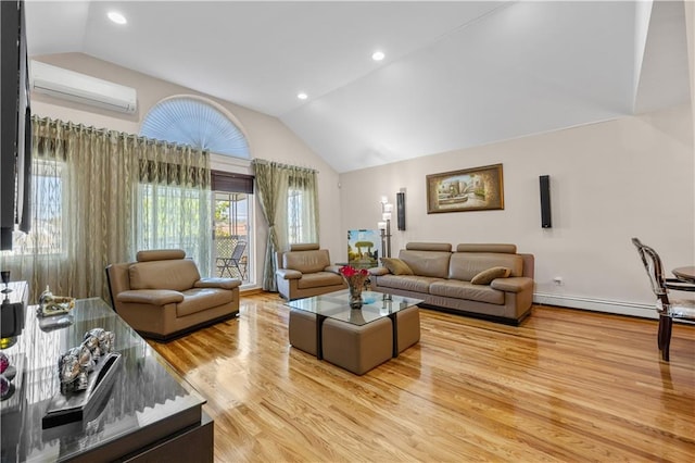 living room with light wood-type flooring, a wall unit AC, vaulted ceiling, and a baseboard heating unit