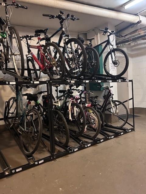 garage with concrete block wall and bike storage