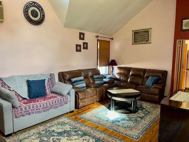 living area featuring vaulted ceiling and wood finished floors