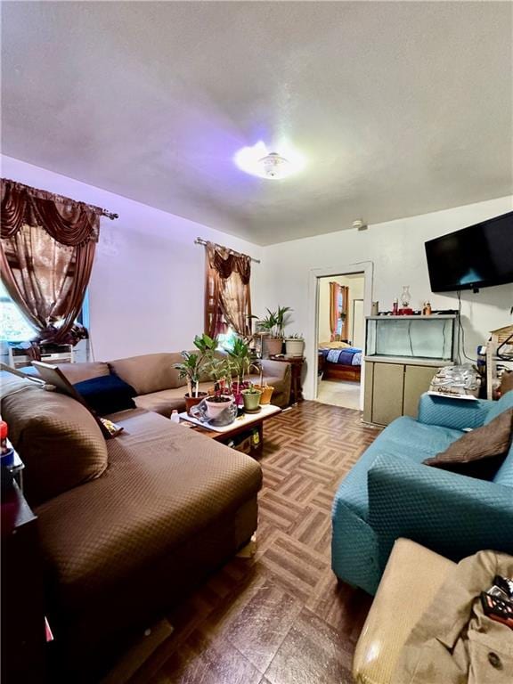 living room with parquet floors