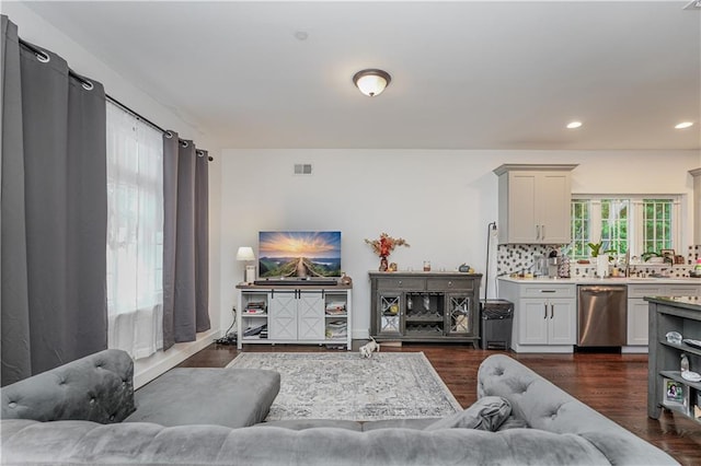 living room featuring sink and dark hardwood / wood-style floors